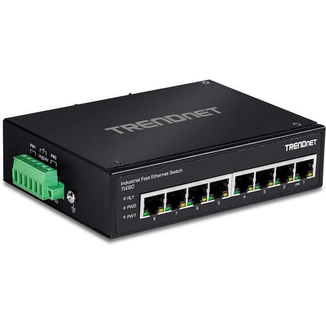 TRENDnet 8-Port Industrial Unmanaged Fast Ethernet DIN-Rail Switch; TI-E80 8 X Fast Ethernet Ports; 1.6Gbps Switching Capacity;8 Port Network Fast Ethernet Switch;IP30 Metal Switch;Lifetime Protection