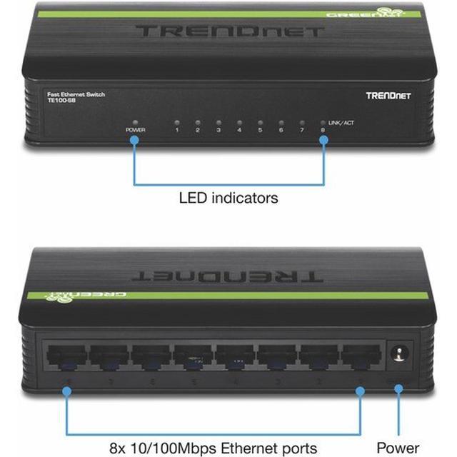 TRENDnet 8-Port Unmanaged 10/100 Mbps GREENnet Ethernet Desktop Switch TE100-S8 8 X 10/100 Mbps Ethernet Ports 1.6 Gbps Switching Capacity Plastic Housing Network Ethernet Switch Plug & Play