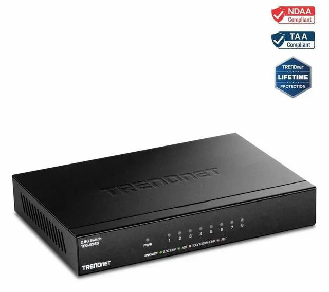 TRENDnet 8-Port Unmanaged 2.5G Switch 8 x 2.5GBASE-T Ports 40Gbps Switching Capacity Backwards Compatible with 10-100-1000Mbps Devices Fanless Wall Mountable Black TEG-S380