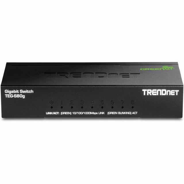 TRENDnet 8-Port Unmanaged Gigabit GREENnet Desktop Metal Switch Fanless 16Gbps Switching Capacity Plug & Play Network Ethernet Switch Lifetime Protection Black TEG-S80G
