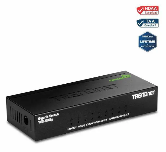 TRENDnet 8-Port Unmanaged Gigabit GREENnet Desktop Metal Switch Fanless 16Gbps Switching Capacity Plug & Play Network Ethernet Switch Lifetime Protection Black TEG-S80G