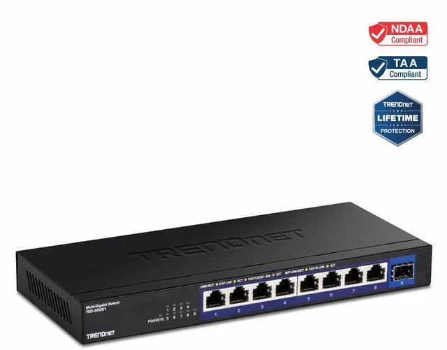 TRENDnet 9-Port Unmanaged 2.5G Switch with 10G SFP+ Port TEG-S5091 8 x 2.5GBASE-T Ports 60Gbps Wall Mountable Ethernet Splitter NDAA & TAA Compliant Lifetime Protection Black