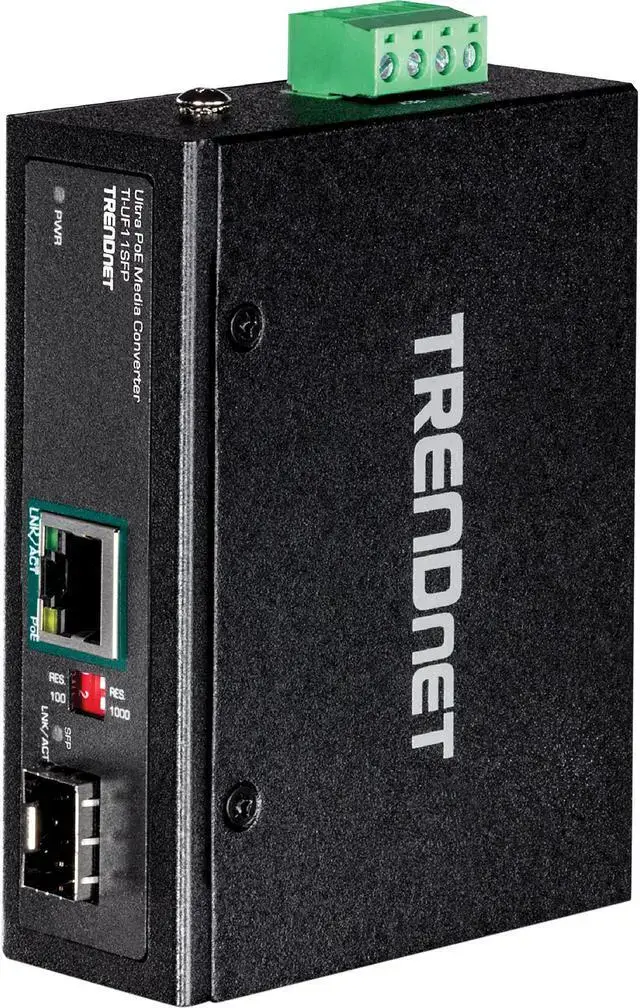 TRENDnet Hardened Industrial SFP to Gigabit UPoE Media Converter IP30 Rated Housing Includes DIN-rail & Wall Mounts Operating Temp. -40 to 75 °C (-40 to 167 °F) TI-UF11SFP