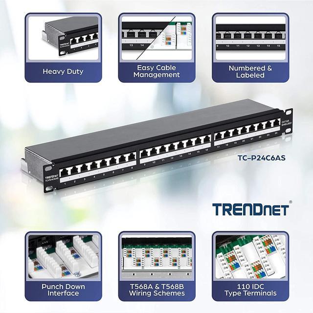 TRENDnet TC-P24C6AS 24-port Cat6A Shielded 1U Patch Panel 1000BASE-T / 10GBASE-T Support Compatible With Cat5e Cat6 Cat6a 110 Or Krone Type