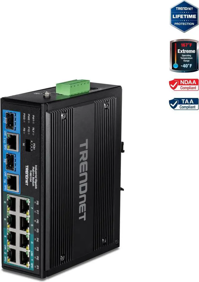 TRENDnet TI-BG104 10-Port Industrial Gigabit PoE++ DIN-Rail Switch