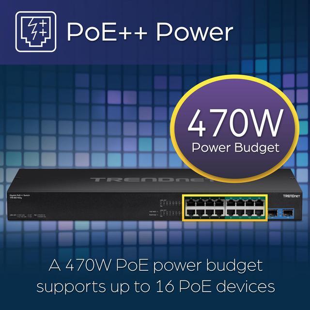 TRENDnet TPE-BG182g 18-Port Gigabit 440W 4PPoE Switch With 8 X 95W 4PPoE Ports 8 X 30W PoE+ Ports 2 XGigabit SFP Slots 440W PoE Budget 1U 19” Rack Mountable Lifetime Protection