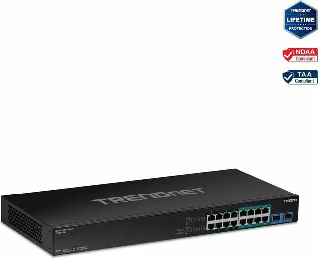 TRENDnet TPE-BG182g 18-Port Gigabit 440W 4PPoE Switch with 8 x 95W 4PPoE Ports 8 x 30W PoE+ Ports 2 xGigabit SFP Slots 440W PoE Budget 1U 19” Rack Mountable Lifetime Protection