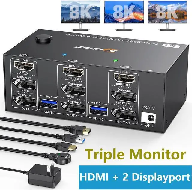 Triple Monitor 2 Displayport + HDMI KVM Switch 8K 60Hz 4K 144Hz [HDMI + 2 Displayport] KVM Switch for 2 Computers Share 3 Monitors and 4 USB 3.0 Device with Wired Remote and 5 Cables