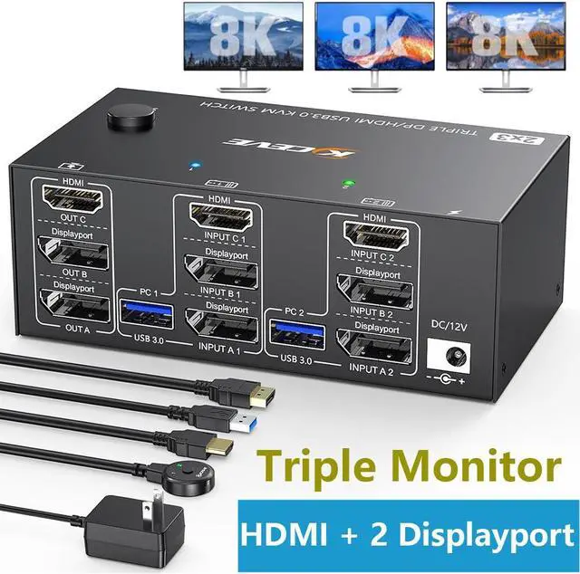 Triple Monitor 2 Displayport + HDMI KVM Switch 8K 60Hz 4K 144Hz [HDMI + 2 Displayport] KVM Switch for 2 Computers Share 3 Monitors and 4 USB 3.0 Device with Wired Remote and 5 Cables