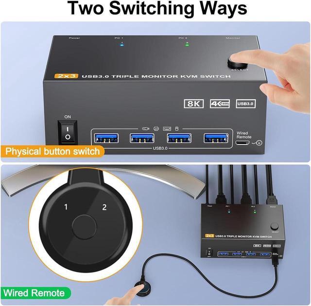 Triple Monitor 2 HDMI + Displayport KVM Switch 8K 60Hz 4K 144Hz HDMI+DP USB 3.0 Switch Extended Display 3 Monitors 2 Computers KVM Switches 2 In 3 Out With USB 3.0 Cables Wired Controller