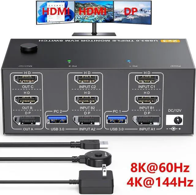 Triple Monitor 2 HDMI + Displayport KVM Switch 8K 60Hz 4K 144Hz HDMI+DP USB 3.0 Switch Extended Display 3 Monitors 2 Computers KVM Switches 2 in 3 Out with USB 3.0 Cables Wired Controller