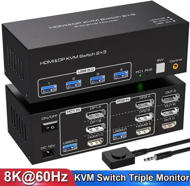 Triple Monitor HDMI+2 Displayport KVM Switch 3 Port 4K 120Hz 8K 60Hz 2DP HDMI USB KVM Switcher for 2 Computers 3 Monitors with 4X USB 3.0 Ports Support Windows MacOS Linux Unix