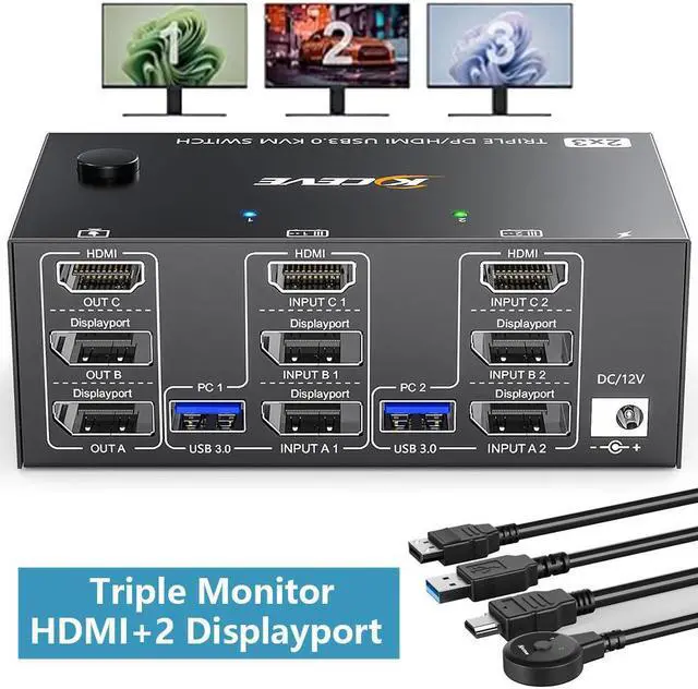 Triple Monitor HDMI DP KVM Switch for 3 Monitors 2 Computers 8K 30Hz HDMI + 2 Displayport KVM Switch for 2 Computer Share 3 Monitor and Keyboard Mouse Wired Remote and 5 Cables Included