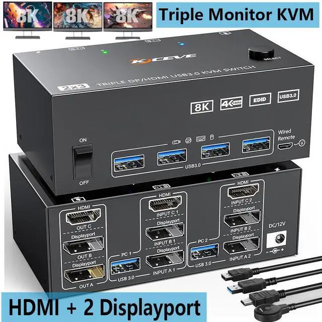 Triple Monitor KVM Switch 2 PC 3 Monitors 8K 60Hz HDMI + 2 Displayport KVM Switch Triple Monitor for 2 Computer Share 3 Monitors and 4 USB 3.0 Device Cable Remote Control and 5 Cables Included