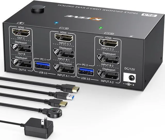 Triple Monitor KVM Switch 3 Monitors 2 Computers 8K 60Hz 4K 144Hz MLEEDA HDMI+2 Displayport KVM Switch Triple Monitor for 2 Computers Share 3 Monitors and 4 USB3.0 Device with Wired Remote and 5 Cable