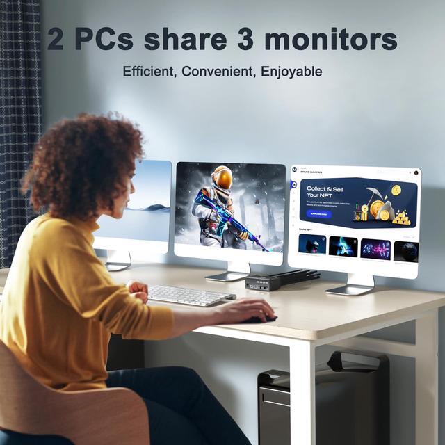 Triple Monitor KVM Switch 3 Monitors 2 Computers 8K 60Hz 4K 144Hz MLEEDA HDMI+2 Displayport KVM Switch Triple Monitor For 2 Computers Share 3 Monitors And 4 USB3.0 Device With Wired Remote USB Cable