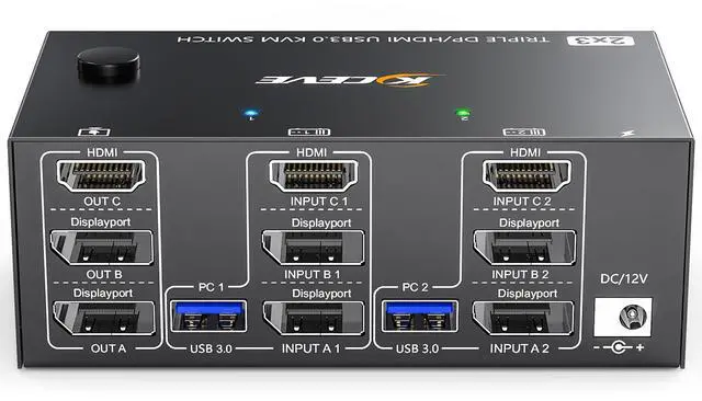 Triple Monitor KVM Switch 3 Monitors 2 Computers 8K 60Hz 4K 144Hz MLEEDA HDMI+2 Displayport KVM Switch Triple Monitor for 2 Computers Share 3 Monitors and 4 USB3.0 Device with Wired Remote USB Cable