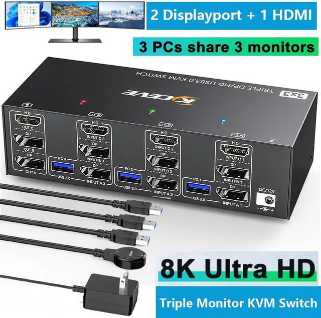 Triple Monitor KVM Switch 8K 60Hz HDMI + 2*Displayport USB 3.0 KVM Switch 3 Monitors 3 Computers KVM Switches with 4 USB 3.0 Port for Keyboard Mouse Printer Wired Remote and Power Adapter Included