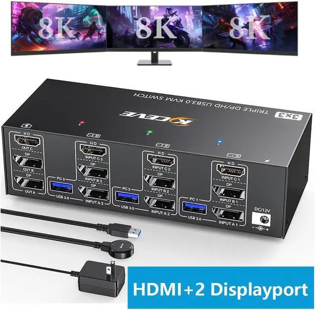 Triple Monitor KVM Switch 8K 60Hz HDMI + 2*Displayport KVM Switch 3 Monitors 3 Computers KVM Switches with 4 USB 3.0 Port for Keyboard Mouse Printer Wired Remote and Power Adapter Included
