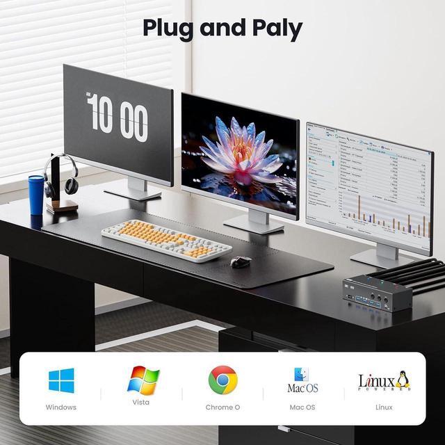 Triple Monitor KVM Switch For 3 Computers HDMI 8K 60Hz/4K 120Hz DP 8K 30Hz/4K 144Hz 1 HDMI & 2 DisplayPorts KVM Switches 3 PC 3 Monitors With 4 USB 3.0 Ports - Wired Remote & 3 USB Cables Included