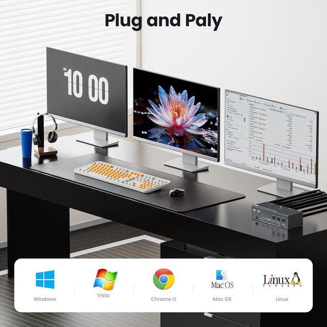 Triple Monitor KVM Switch For 3 Computers HDMI 8K 60Hz/4K 120Hz DP 8K 30Hz/4K 144Hz 1 HDMI & 2 DisplayPorts KVM Switches 3 PC 3 Monitors With 4 USB 3.0 Ports - Wired Remote & 3 USB Cables Included