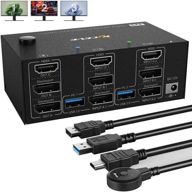 Triple Monitors KVM Switch 2 DisplayPort + HDMI 3 Ports 8K 60Hz 4K 144Hz Extended Display KVM Switch 2 PC 3 Monitors USB 3.0 KVM Switch with 4 USB 3.0 Ports for Keyboard Mouse Printer USB Devices