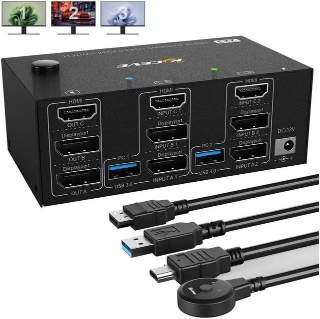 Triple Monitors KVM Switch 2 DisplayPort + HDMI 3 Ports 8K 60Hz 4K 144Hz Extended Display KVM Switch 2 PC 3 Monitors USB 3.0 KVM Switch with 4 USB 3.0 Ports for Keyboard Mouse Printer USB Devices