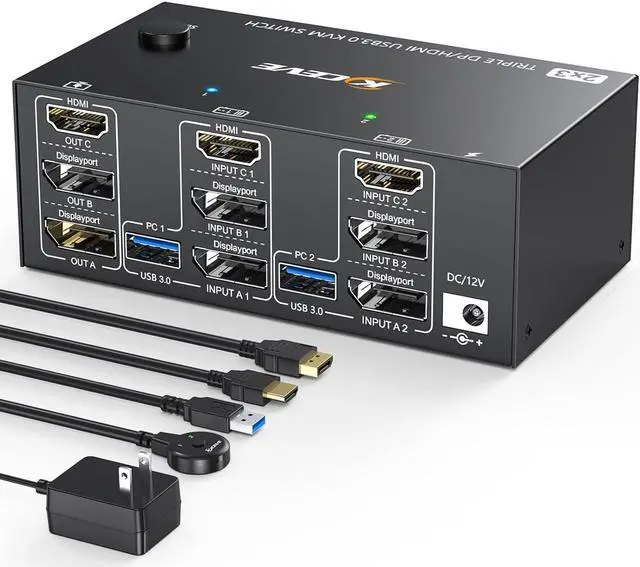 Triple Monitors KVM Switch 2 Displayport + HDMI USB 3.0 KVM Switch 8K 60Hz 4K 144Hz 3 Monitors 2 Computers KVM Switch with 4 USB 3.0 Ports Included KVM Cables HDMI 8K 60Hz/4K 60Hz DP 8K 30Hz/4K 144Hz