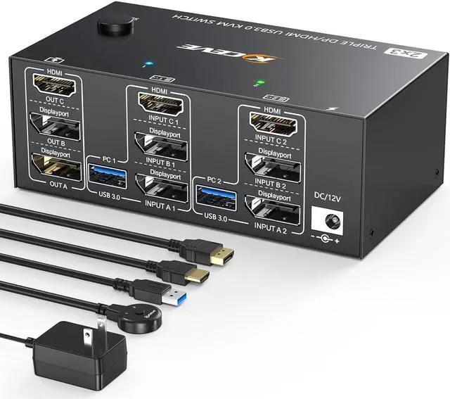 Triple Monitors KVM Switch 2 Displayport + HDMI USB 3.0 KVM Switch 8K 60Hz 4K 144Hz 3 Monitors 2 Computers KVM Switch with 4 USB 3.0 Ports Included KVM Cables HDMI 8K 60Hz/4K 60Hz DP 8K 30Hz/4K 144Hz