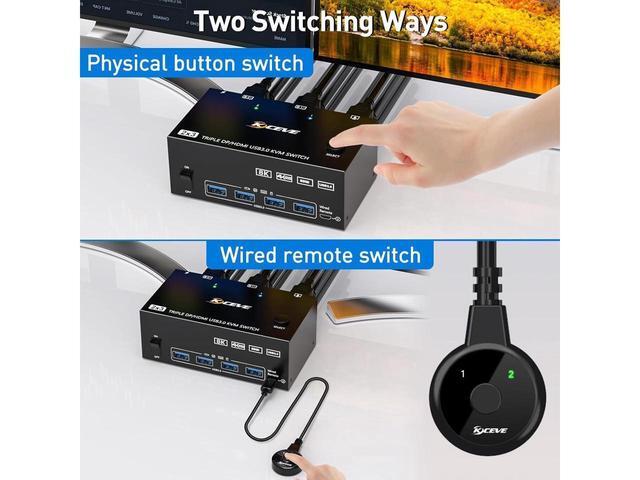 Triple Monitors KVM Switch HDMI 2 Displayport USB 3.0 KVM Switch 8K 60Hz 4K 144Hz 3 Monitors 2 Computers KVM With 4 USB 3.0 Ports Included KVM Cables HD-MI 8K 60Hz/4K 60Hz DP 8K 30Hz/4K 144Hz