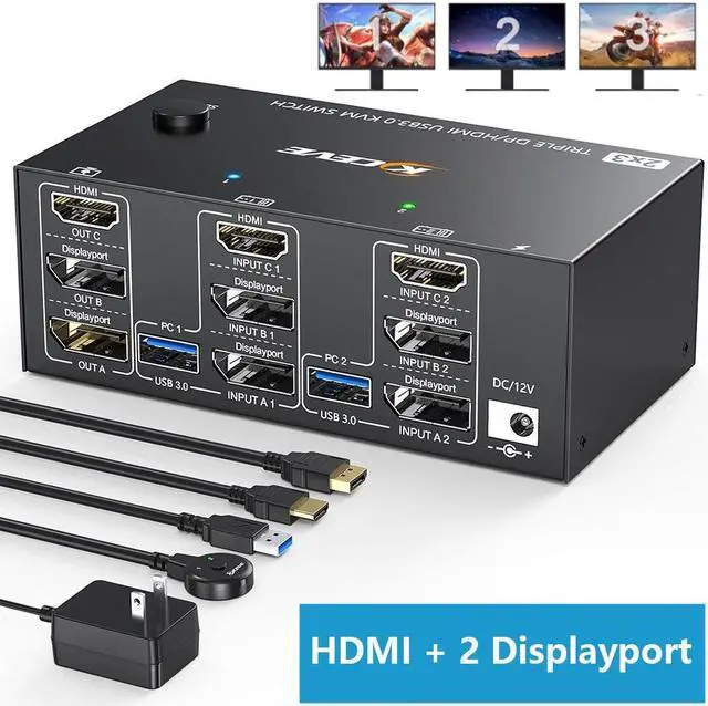 Triple Monitors KVM Switch HDMI 2 Displayport USB 3.0 KVM Switch 8K 60Hz 4K 144Hz 3 Monitors 2 Computers KVM with 4 USB 3.0 Ports Included KVM Cables HD-MI 8K 60Hz/4K 60Hz DP 8K 30Hz/4K 144Hz