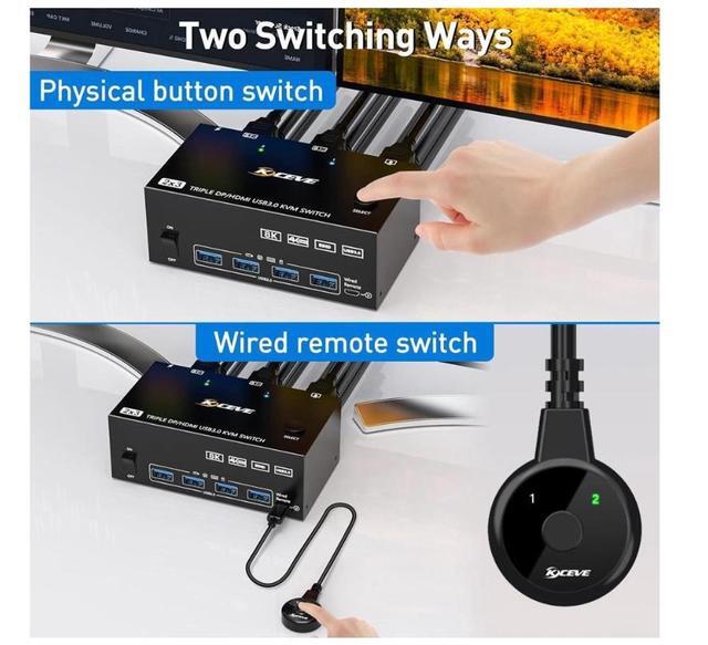 Triple Monitors KVM Switch HDMI 2 Displayport USB 3.0 KVM Switch 8K 60Hz 4K 144Hz 3 Monitors 2 Computers KVM With 4 USB 3.0 Ports Included KVM Cables HD-MI 8K 60Hz/4K 60Hz DP 8K 30Hz/4K 144Hz