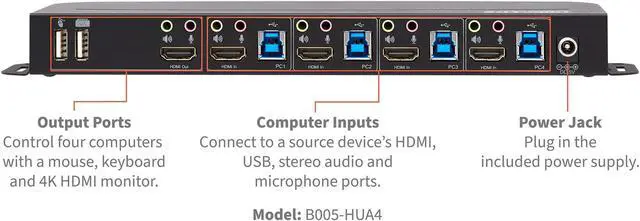 TRIPP LITE B005-HUA4 4-Port HDMI/USB KVM Switch - 4K 60 Hz HDR HDCP 2.2 IR USB Sharing