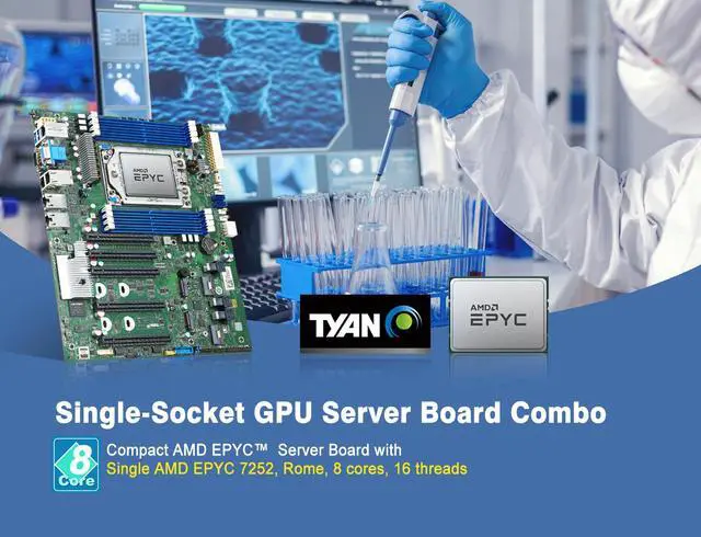 TYAN Combo Deal S8030GM2NE ATX Server Motherboard Installed AMD EPYC 7252 8 Cores 16 Threads 3.2GHz 120W. Factory Installed/Tested/Burn-in/Shipped
