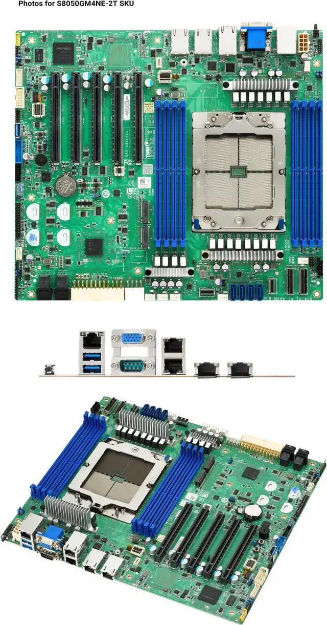 Tyan TOMCAT HX S8050 (S8050GM4NE-2T) Server Motherboard support AMD Genoa CPU 8 DIMM slots w/ DDR5 4800 memory support 2 10GBase-T + 2 1000Base-T LAN + 1 dedicate 1000Base-T IPMI ports
