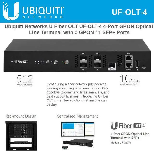 Ubiquiti Networks U Fiber UF-OLT-4 4-Port GPON Optical Line Terminal with 3 GPON and 1 SFP+ Ports up to 512 UFiber ONUs (128 per PON port)