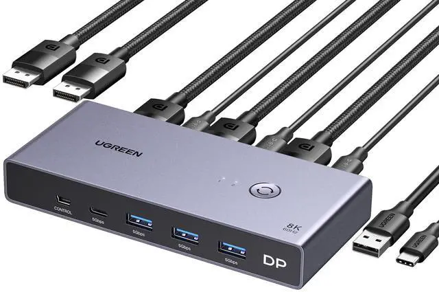UGREEN 8K Displayport KVM Switch 2 in 1 Out DP1.4 with 4 USB 3.0 Ports(3 USB-A + 1 USB-C) Support 8K 60Hz 4K 240Hz Share 1 Monitor Keyboard Mouse U-Disk Printer with 2 DP Cables 2 USB A to C Cables