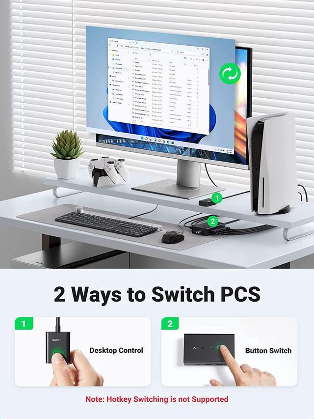 UGREEN KVM Switch HDMI USB KVM Switcher With Desktop Control For 2 Computers Share Keyboard Mouse Printer And One HD 4K Monitor Support 4K 60Hz 3D HDR With 2 USB 2.0 Cables And 2 HDMI 2.0 Cables