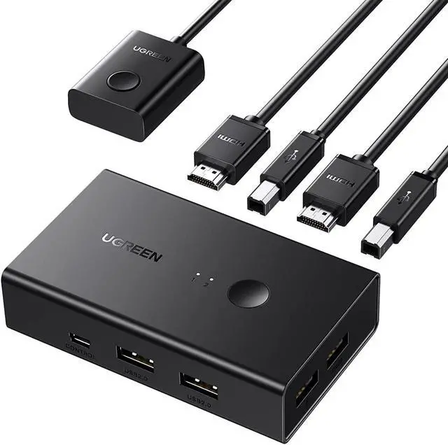 UGREEN KVM Switch HDMI USB KVM Switcher with Desktop Control for 2 Computers Share Keyboard Mouse Printer and One HD 4K Monitor Support 4K 60Hz 3D HDR with 2 USB 2.0 Cables and 2 HDMI 2.0 Cables