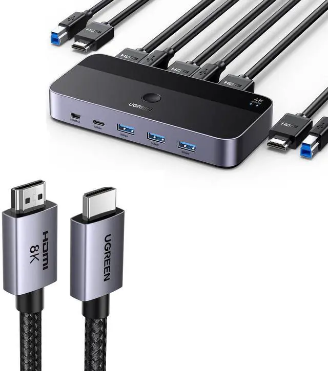 UGREEN USB 3.0 HDMI KVM Switch with 4 USB 3.0 Ports (3 USB-A+1 USB-C) 4K 60Hz Bundle with 8K HDMI 2.1 Cable 48Gbps 6.6FT Certified Ultra High Speed Cord Aluminum 4K 240Hz 120Hz 8K 60Hz