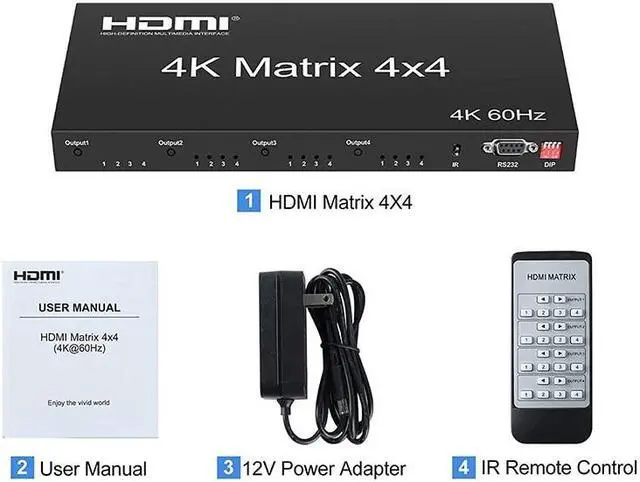 (UK Plug)4K 60Hz HDMI true Matrix 4X4 HDMI 2.0 Matrix HDMI Switcher Splitter Selector 4 in 4 out HDCP2.2 EDID RS232 for PS4 PC TV Monitor