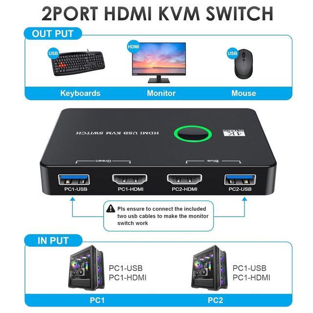 Upgrade USB 3.0 HDMI KVM Switch 2 In 1 Out 4K 60Hz HDMI USB 3.0 Switch USB KVM Switch For 2 Computers Share 1 HD Monitor And Keyboard Mouse Support 4K 60Hz 2 HD-MI Cables And 2 USB Cables Included