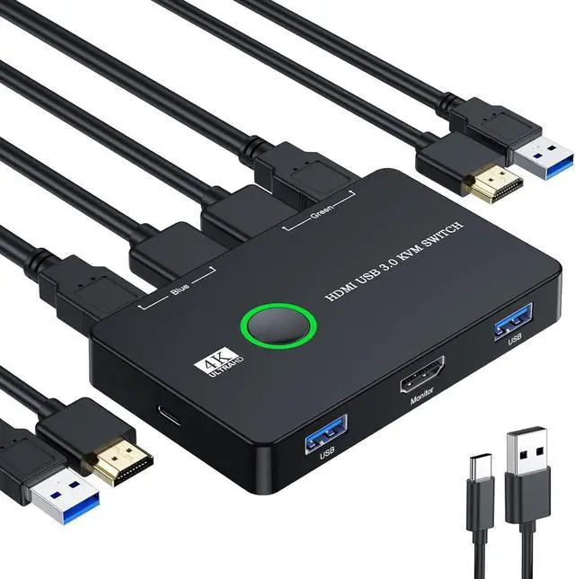 Upgrade USB 3.0 HDMI KVM Switch 2 in 1 Out 4K 60Hz HDMI USB 3.0 Switch USB KVM Switch for 2 Computers Share 1 HD Monitor and Keyboard Mouse Support 4K 60Hz 2 HD-MI Cables and 2 USB Cables Included