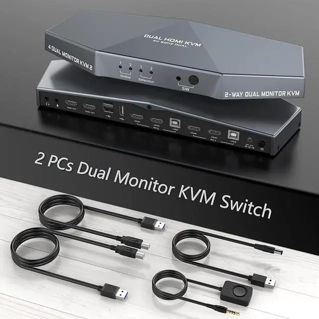 [Upgraded Version] 2 PCs Dual Monitor KVM Switch Box 4K HDMI KVM Switch Dual Monitor Suitable for 2 Computers + 2 Monitors with Audio USB Powered Hotkey Switch 4K Monitor hdmi Switch with Cables