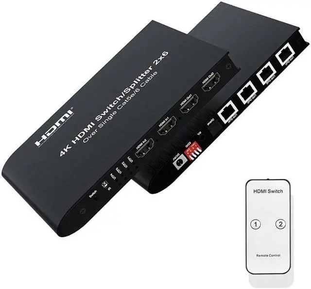 (US Plug)(1 Pcs 2x6)4K HDMI Switch Splitter Extender 2x6 over Ethernet Cat5e/6 100M HDMI Switch 2 in 6 out with 2 Loop-out + 4 Channel RJ45 UTP out