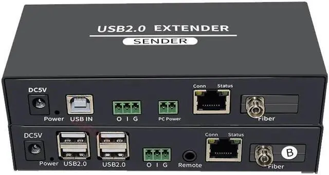 USB 2.0 Fiber Extender over Single FC Fiber Optical to 20Km 4 Port USB HUB Extender 100M via CAT6 Support Webcam Camera Printer(With US Plug)