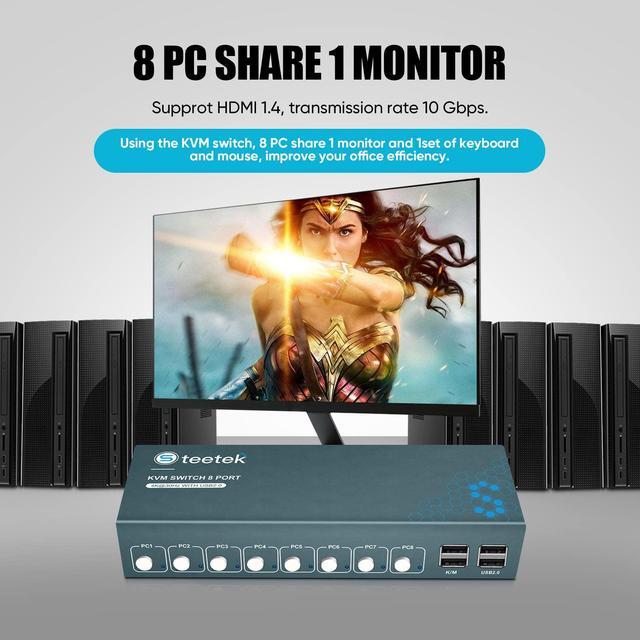 USB 2.0 HDMI KVM Switch 1 Monitors 8 Computers 4K 30Hz KVM Switches For 8 Computers Sharing Monitor Keyboard Mouse Hard Drives Printer With EDID Adaptive