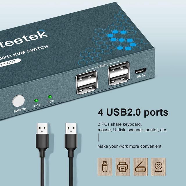 USB 2.0 KVM Switch 2 Port Box UHD 4K 60Hz USB HDMI KVM Switch For 2 Computers Share Keyboard Mouse Printer And 1 HD Monitor 4 USB 2.0 Hub Button Switch With 2 USB And 1 HDMI Cables