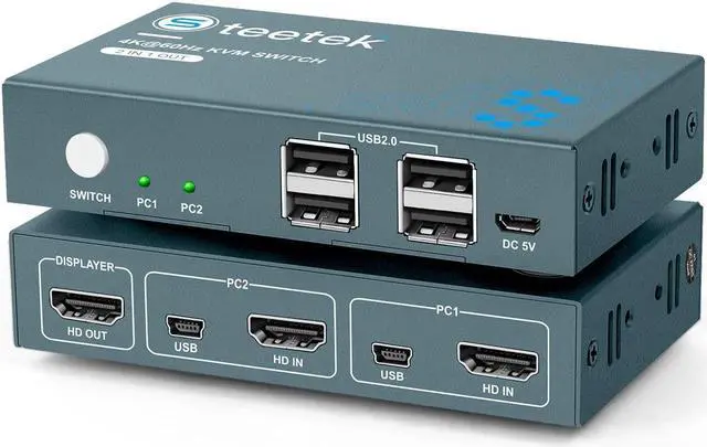 USB 2.0 KVM Switch 2 Port Box UHD 4K 60Hz USB HDMI KVM Switch for 2 Computers Share Keyboard Mouse Printer and 1 HD Monitor 4 USB 2.0 Hub Button Switch with 2 USB and 1 HDMI Cables