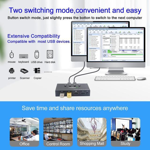 USB 2.0 KVM Switch Splitter Box 4 In 4 Out USB KVM Switch 4 PCs Sharing 4 USB Devices 2.0 Switch Switcher For PC Computer Printer Keyboard Mouse